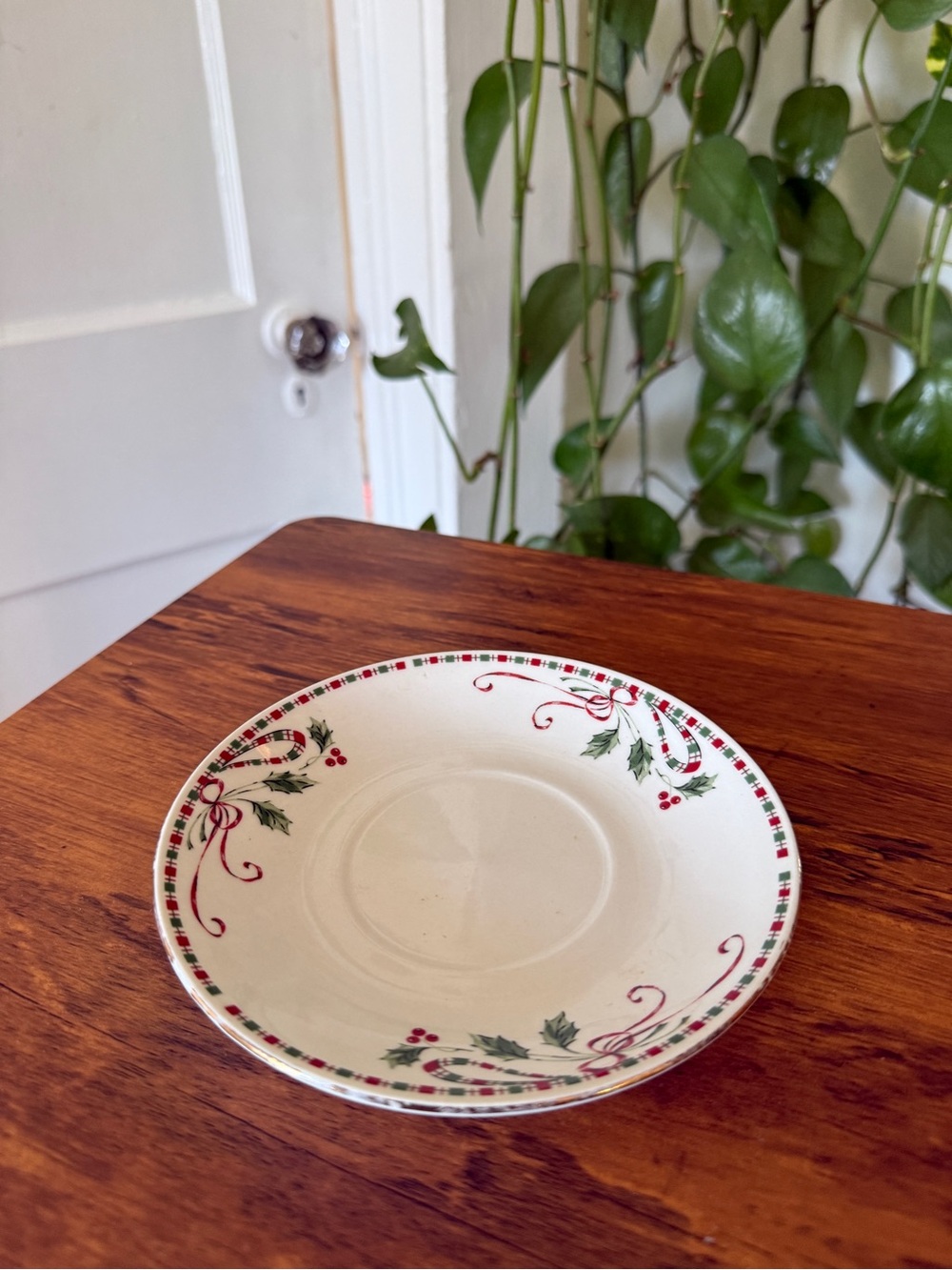 Festive Holly Ceramic Saucer in Cream and Green HOME essentials stoneware